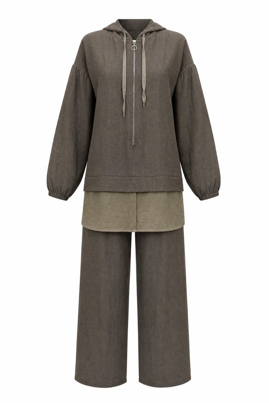 Womens Half-Zip Hooded Elastic-Cuff Wide-Leg Pants Strawberry Set - Light Brown