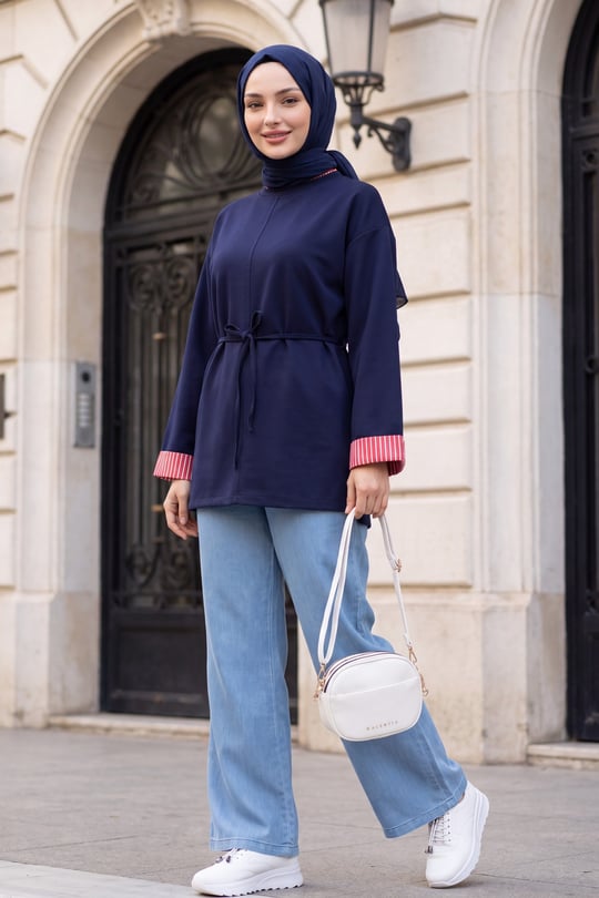 Womens Slit Crew-Neck Tie-Waist Jersey Sweatshirt - Navy