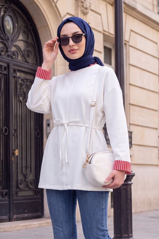 Yırtmaçlı Bisiklet Yaka Beli Bağlamalı Penye Sweat -Beyaz