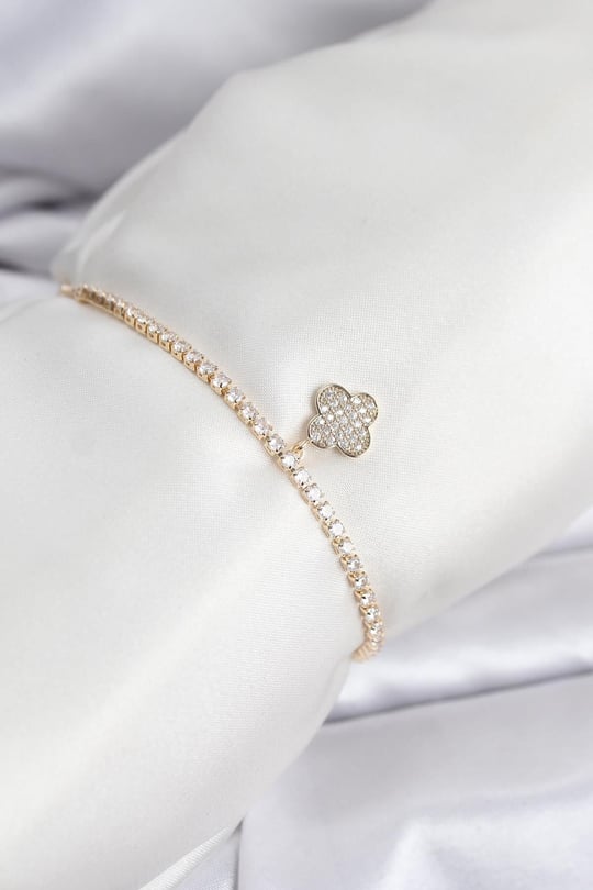 Yonca Model Zirkon Taşlı Gold Renk Asansörlü Su Yolu Bileklik