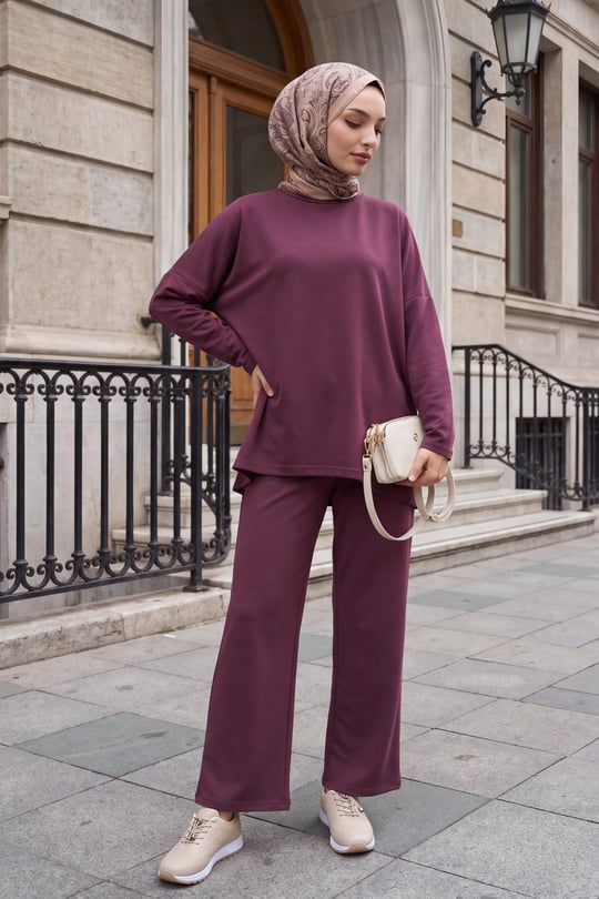 Womens Round-Neck Longer Back Pants Pocket Oversized Stretch Jersey Set - Cherry