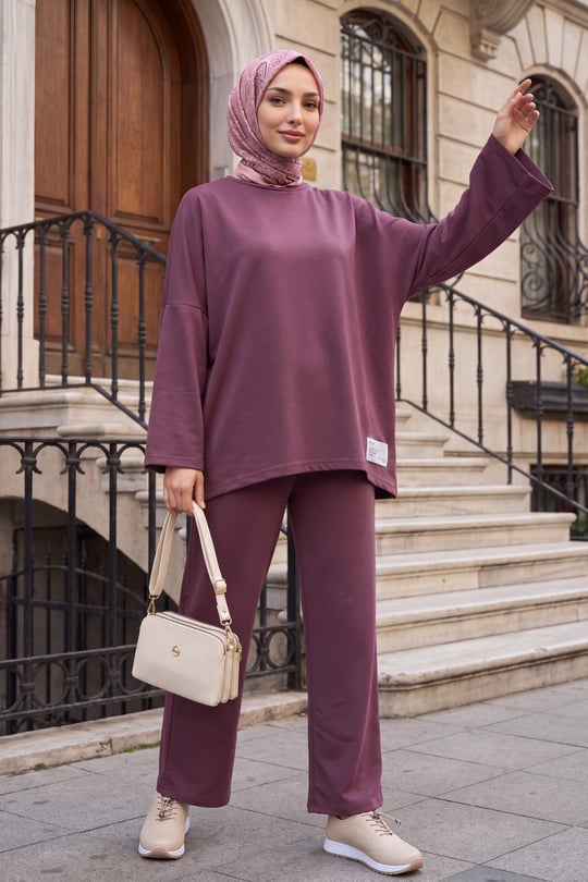 Womens Round-Neck Longer Back Pants Pocket Oversized Stretch Jersey Set - Cherry