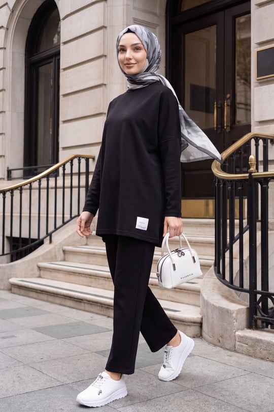 Womens Round-Neck Longer Back Pants Pocket Oversized Stretch Jersey Set - Black