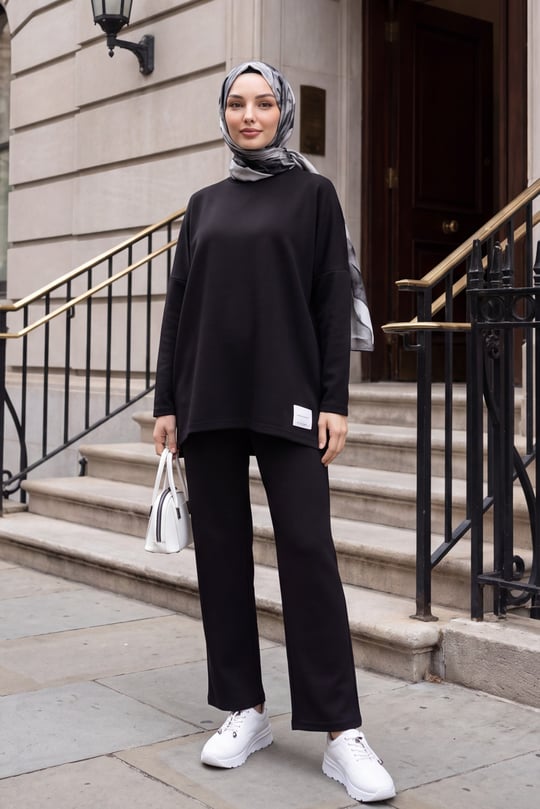 Womens Round-Neck Longer Back Pants Pocket Oversized Stretch Jersey Set - Black