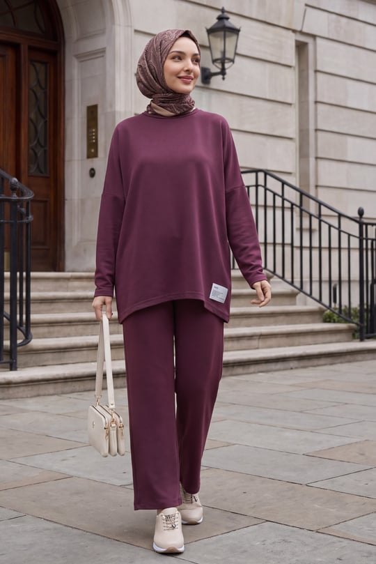 Womens Round-Neck Longer Back Pants Pocket Oversized Stretch Jersey Set - Cherry