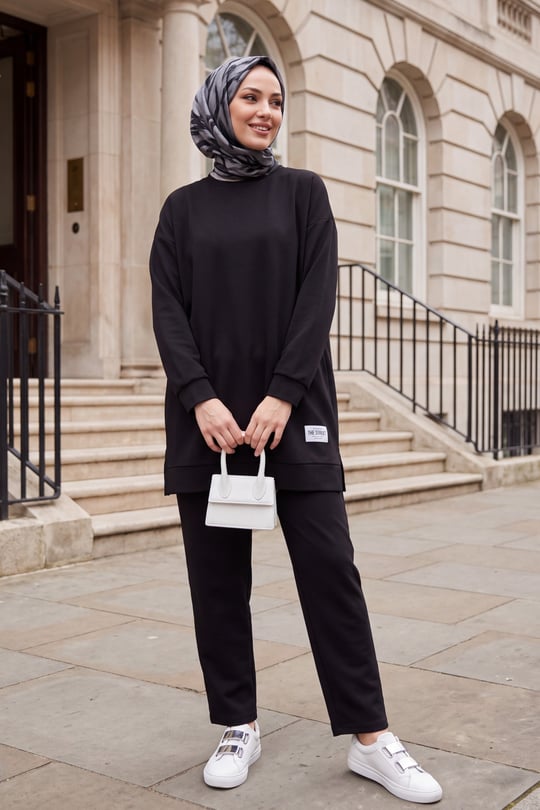 Womens Round-Neck Longer Back Pants Pocket Oversized Stretch Jersey Set - Black