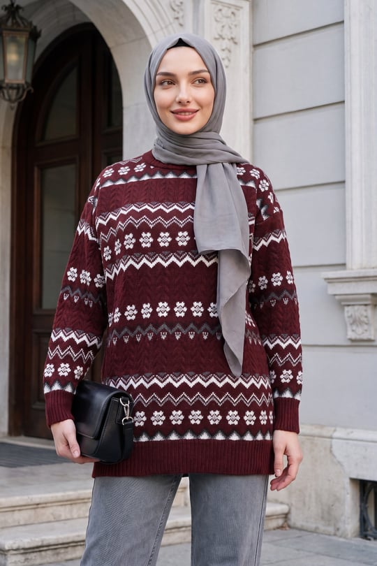 Womens Round-Neck Floral Ethnic-Print Knit Sweater - Burgundy