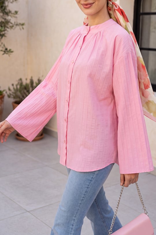 Yuvarlak Yaka Düğmeli İspanyol Kol Siena Tunik   -Pembe