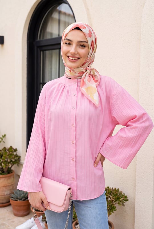 Yuvarlak Yaka Düğmeli İspanyol Kol Siena Tunik   -Pembe