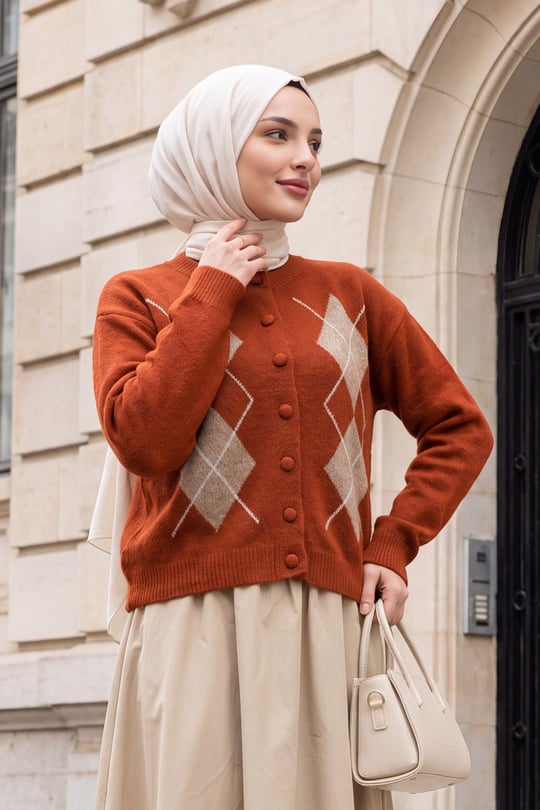 Womens Round-Neck Front Button-Front Diamond-Pattern Pattern Soft Knit Cardigan - Terracotta