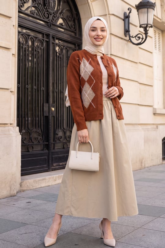 Womens Round-Neck Front Button-Front Diamond-Pattern Pattern Soft Knit Cardigan - Terracotta