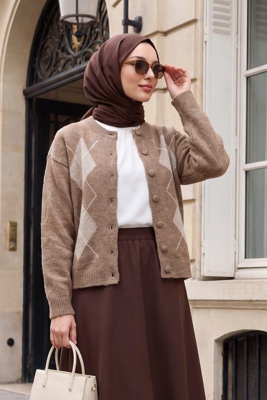 Womens Round-Neck Front Button-Front Diamond-Pattern Pattern Soft Knit Cardigan - Mink