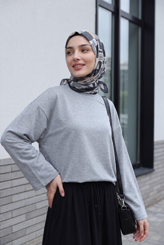 Yuvarlak Yaka Salaş Penye Tunik       -Gri