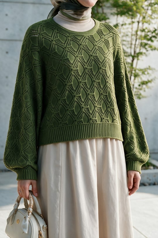 Round Neck Batwing Sleeve Openwork Knit Sweater