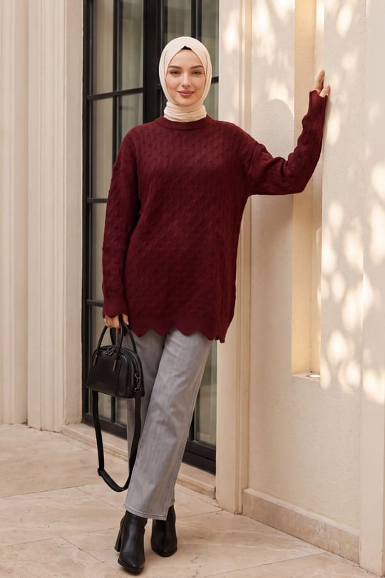 Zincir Desenli Bisiklet Yaka Salaş Triko Tunik -Bordo