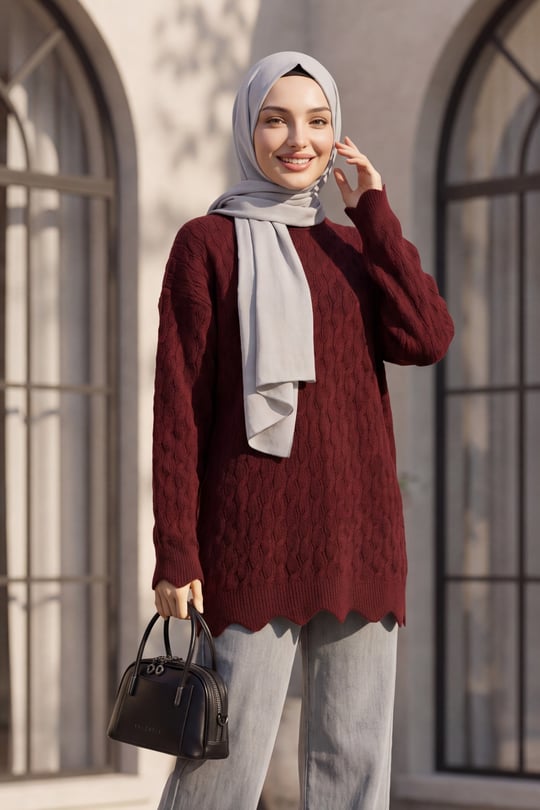 Zincir Desenli Bisiklet Yaka Salaş Triko Tunik -Bordo