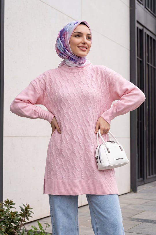 Zincir Desenli Yırtmaçlı Balon Kol Triko Tunik -Pembe