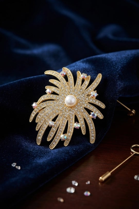 Zirkon Taşlı Gold Renk İnci Detaylı Broş