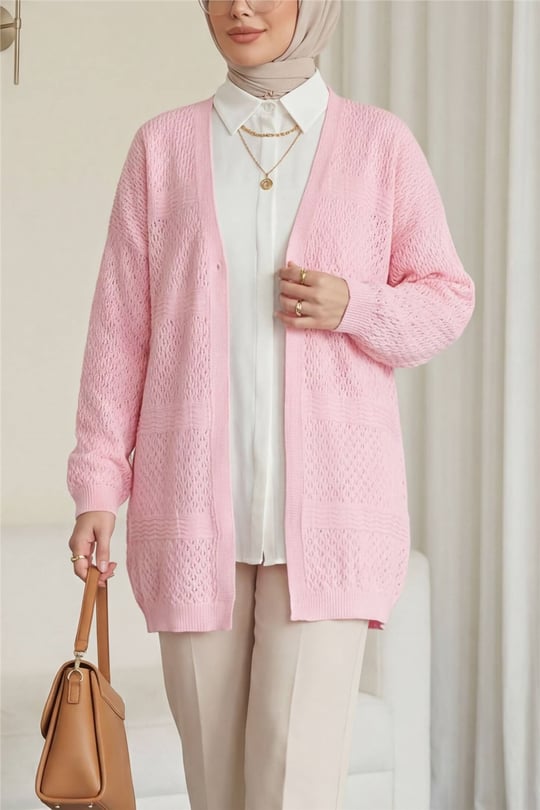 Ajurlu Dalga Desenli Triko Hırka  -Pembe