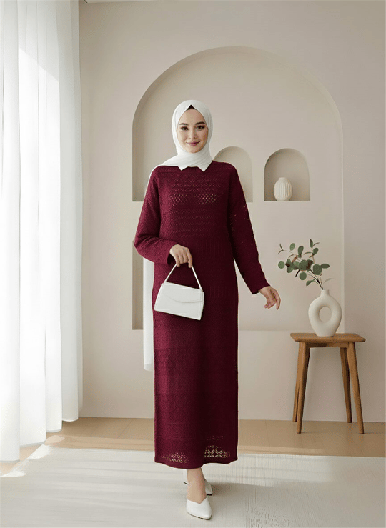 Ajurlu Desenli Triko Elbise -Bordo