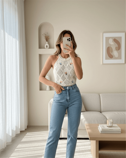 Ajurlu Nakışlı Sıfır Kol Triko Crop -Krem
