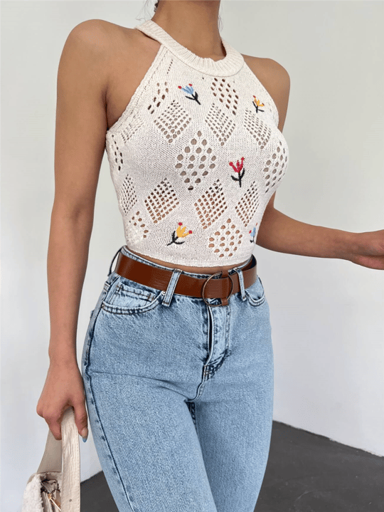 Ajurlu Nakışlı Sıfır Kol Triko Crop -Krem