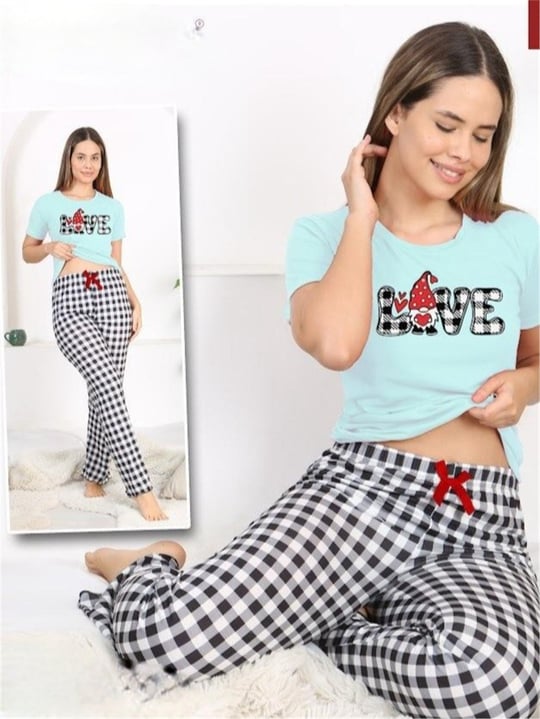 Altı Ekoseli Yazı Desenli Kısa Kollu Pijama Takımı  -Su Yeşili-Pijama-416-58415-R36