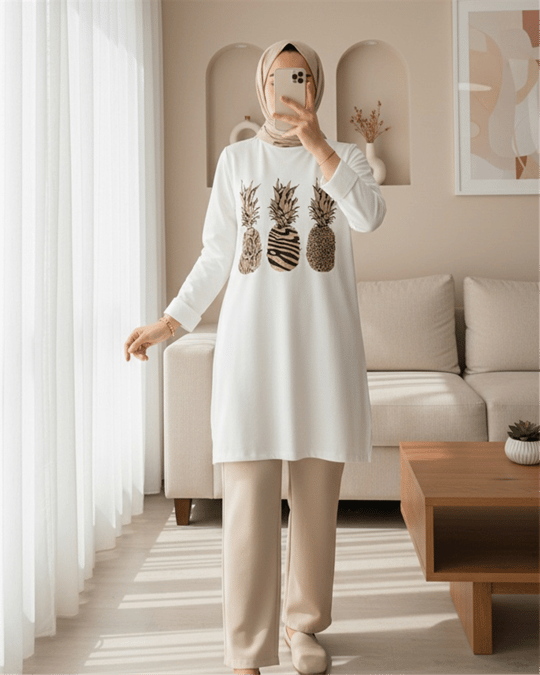 Ananas Desenli Tunik -Ekru