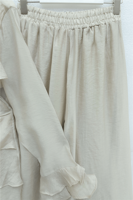 Womens Asymmetric Tiered Detail Drawstring Lined Pants Cupro Set - Stone