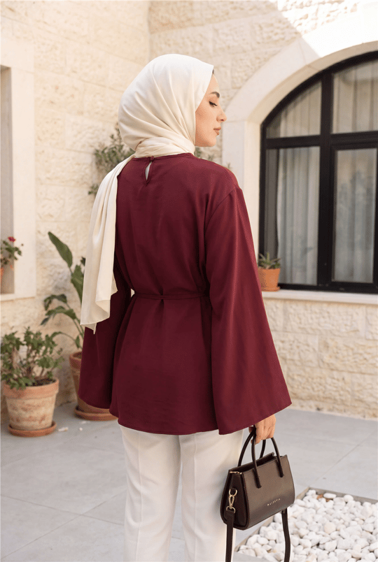 Asimetrik Kesim Beli Bağcıklı Oversize Modal Tunik -Bordo