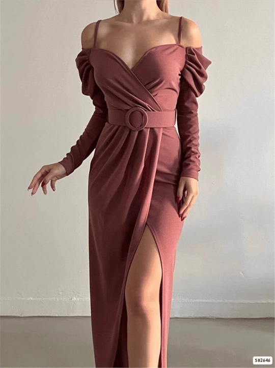 Askılı Kemerli Yırtmaçlı Elbise -G.Kurusu
