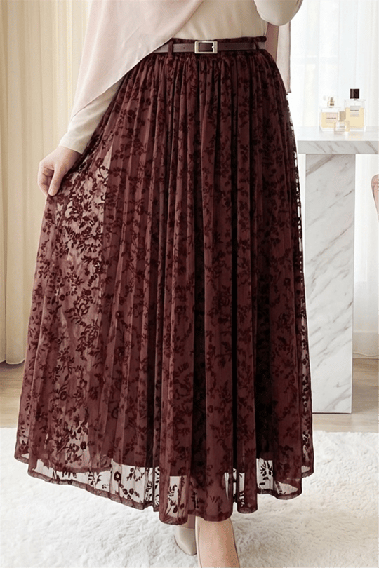 Astarlı Kemerli Kabartma Desenli Organze Etek -K. Bordo