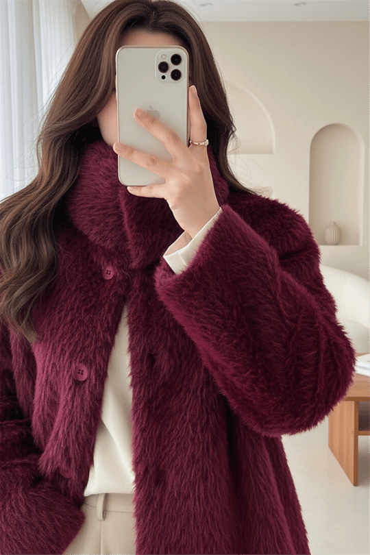 Atkı Detaylı Önü Düğmeli Sakallı Ceket -Bordo