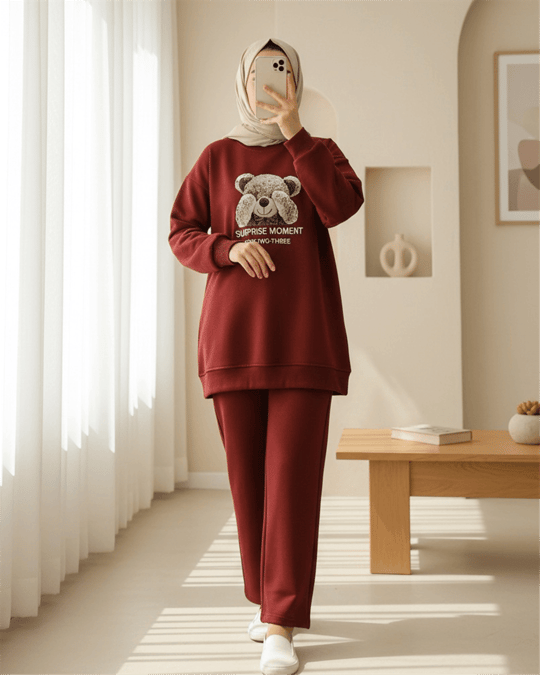 Ayıcık Baskılı Şardonlu 3 İplik Sweat Takım  -Bordo
