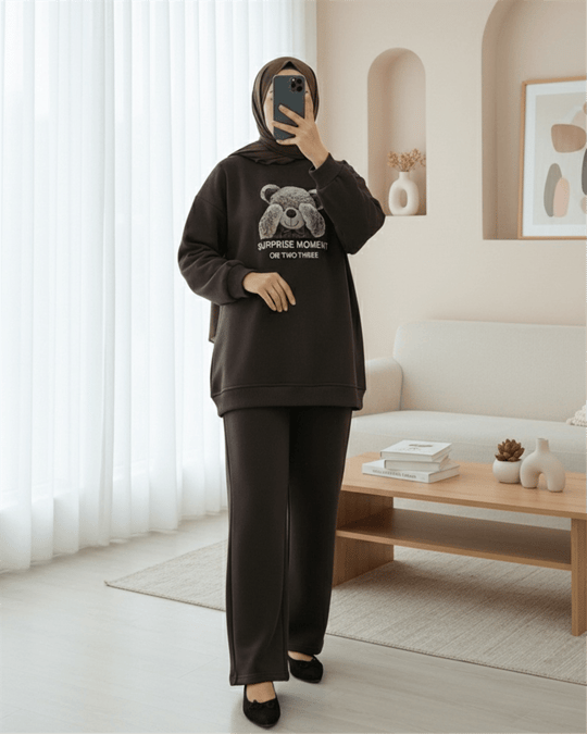 Ayıcık Baskılı Şardonlu 3 İplik Sweat Takım  -K. Kahve