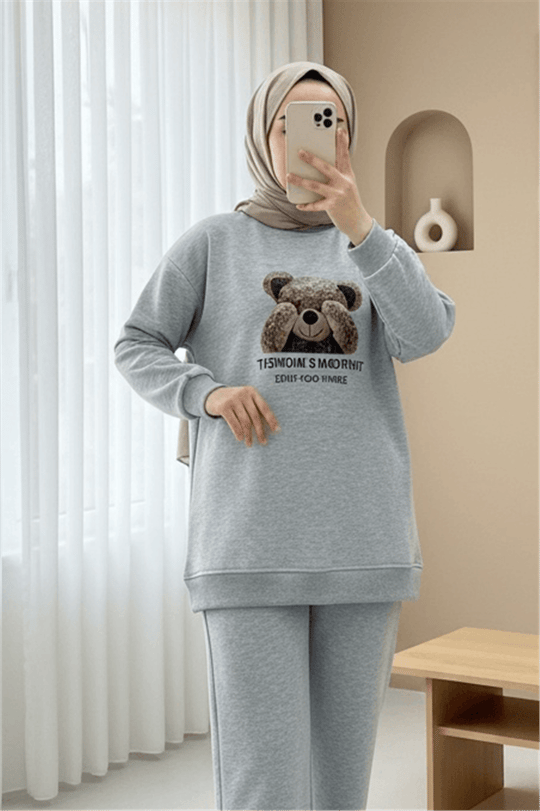 Ayıcık Baskılı Şardonlu 3 İplik Sweat Takım  -Açık Gri