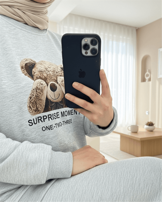 Ayıcık Baskılı Şardonlu 3 İplik Sweat Takım  -Açık Gri