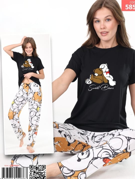 Ayıcık Desenli Kısa Kollu Pijama Takım -Siyah-Pijama-416-58588-R01