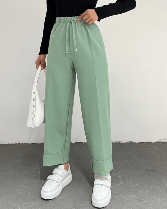Bağcık Detaylı Double Paça Dikişli Pantolon     -Su Yeşili