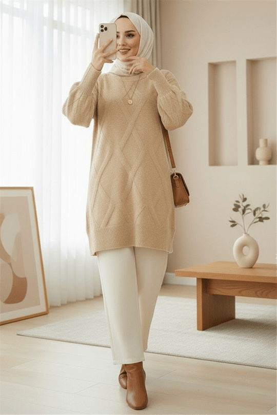 Baklava Desenli Yumoş Triko Tunik -Açık Vizon