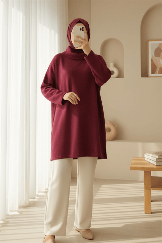 Balıkçı Yaka Yırtmaçlı Kaşkorse Tunik -Bordo