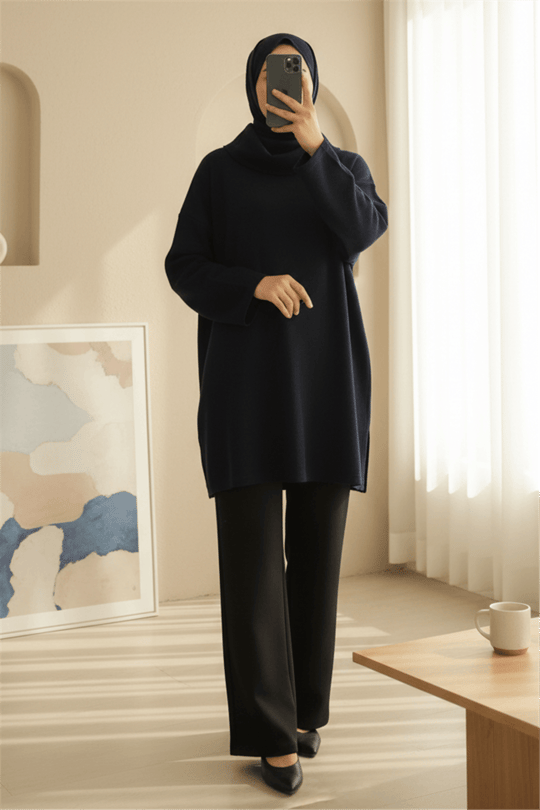 Balıkçı Yaka Yırtmaçlı Kaşkorse Tunik  -Laci