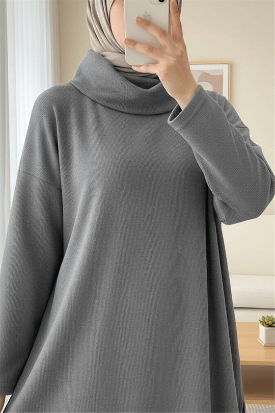 Balıkçı Yaka Yırtmaçlı Kaşkorse Tunik  -Gri