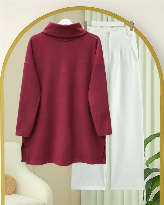 Balıkçı Yaka Yırtmaçlı Kaşkorse Tunik -Bordo