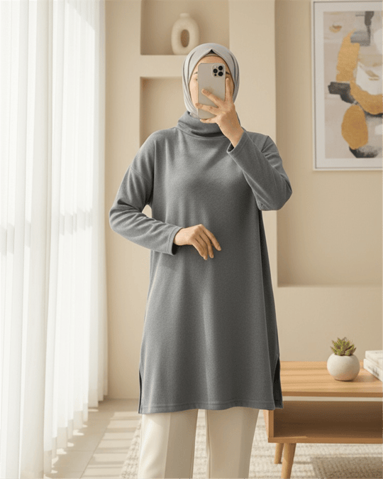Balıkçı Yaka Yırtmaçlı Kaşkorse Tunik  -Gri