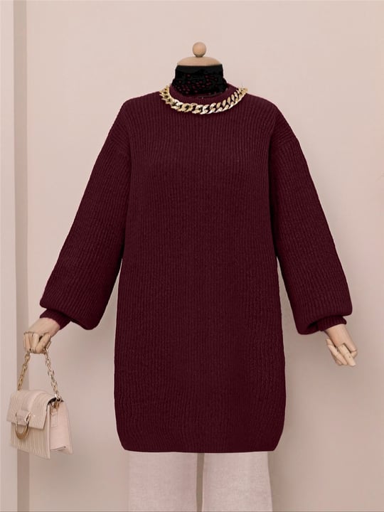 Balon Kol Yumoş Örme Triko Tunik    -Bordo