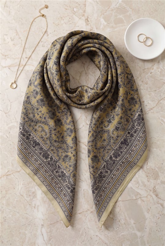 Barok Desen Coton Eşarp -Hardal