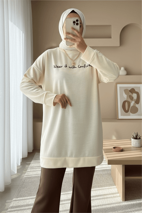 Baskılı Penye Sweat  -Krem