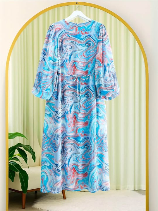 Batik Baskılı Astarlı Şifon Elbise -Mavi