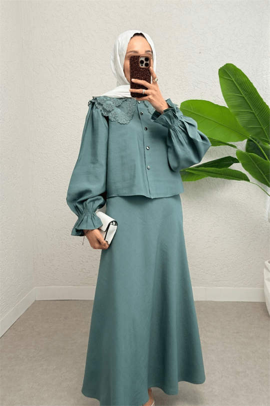Bebe Yaka Fistolu Kolu Lastikli Bluz-Kloş Etek Takım -Mint